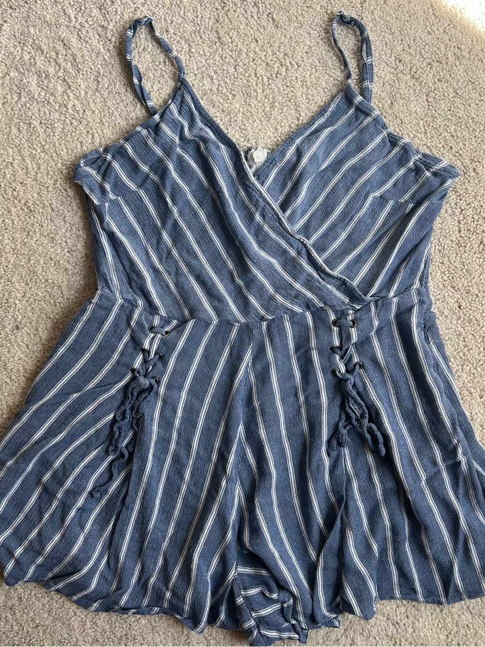 American Eagle Outfitters Navy & White Striped Lace-Up Romper